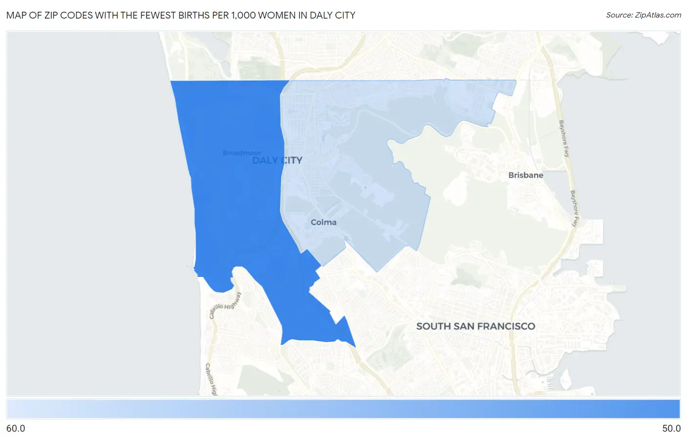 Zip Codes with the Fewest Births per 1,000 Women in Daly City Map