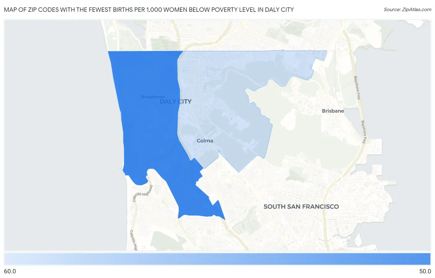Zip Codes with the Fewest Births per 1,000 Women Below Poverty Level in Daly City Map