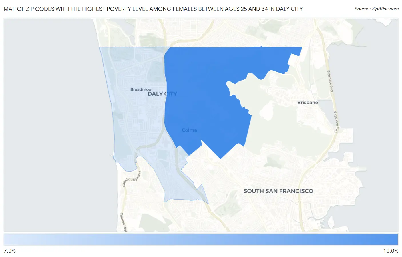 Zip Codes with the Highest Poverty Level Among Females Between Ages 25 and 34 in Daly City Map