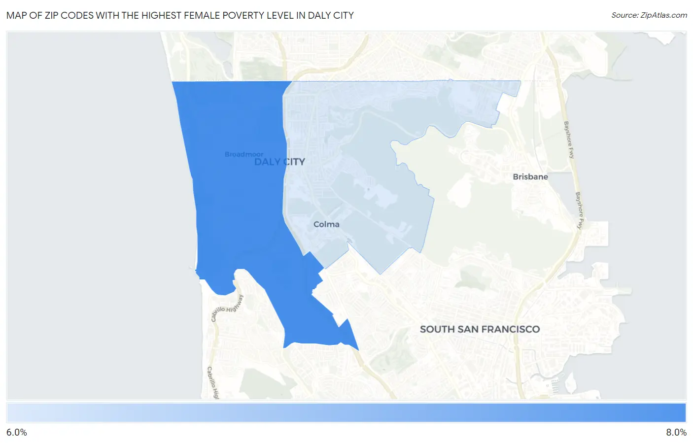 Zip Codes with the Highest Female Poverty Level in Daly City Map