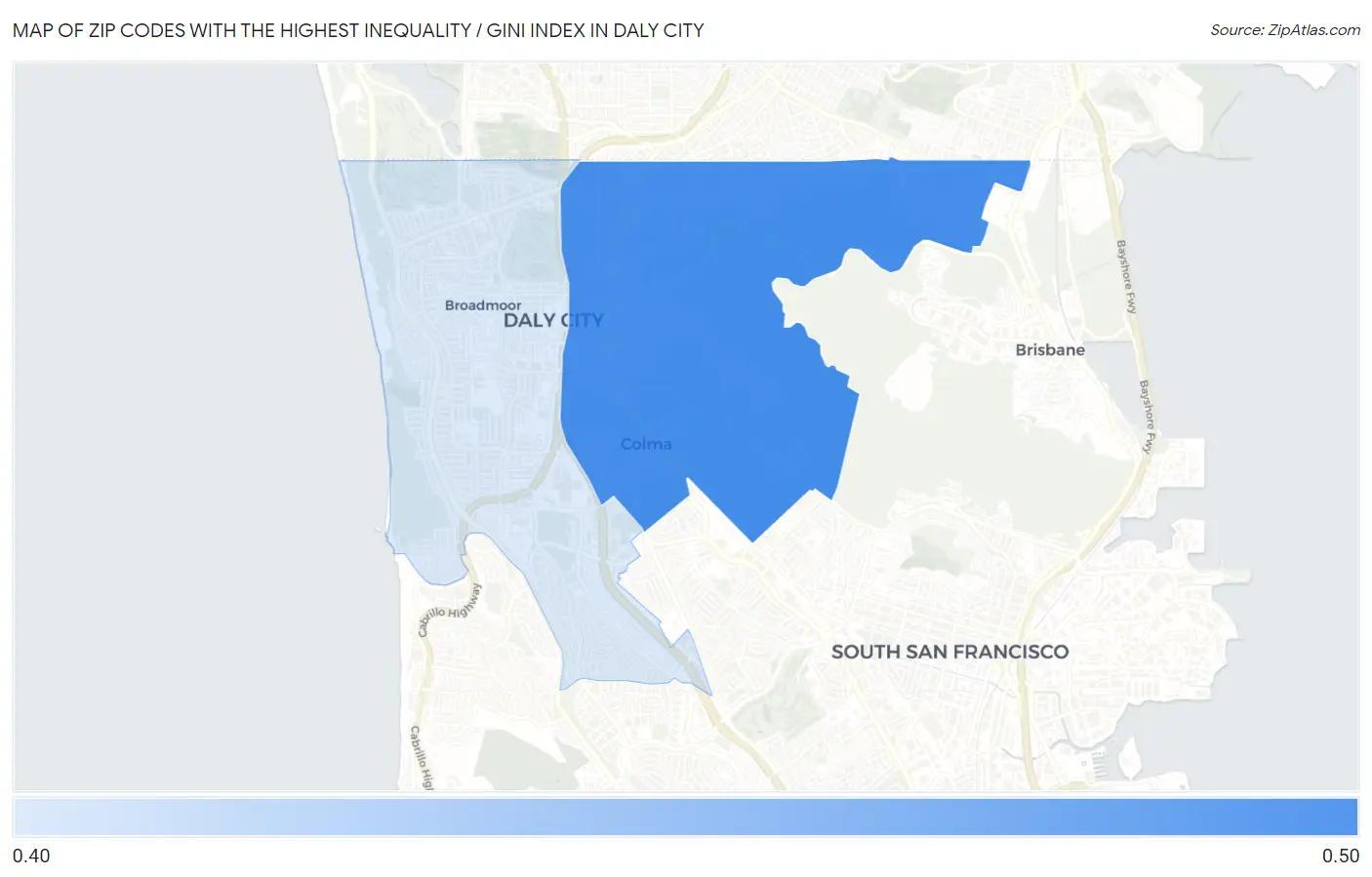 Zip Codes with the Highest Inequality / Gini Index in Daly City Map