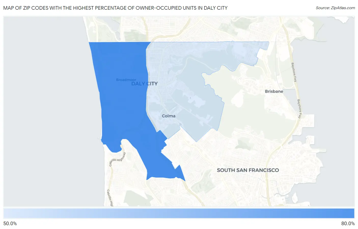Zip Codes with the Highest Percentage of Owner-Occupied Units in Daly City Map
