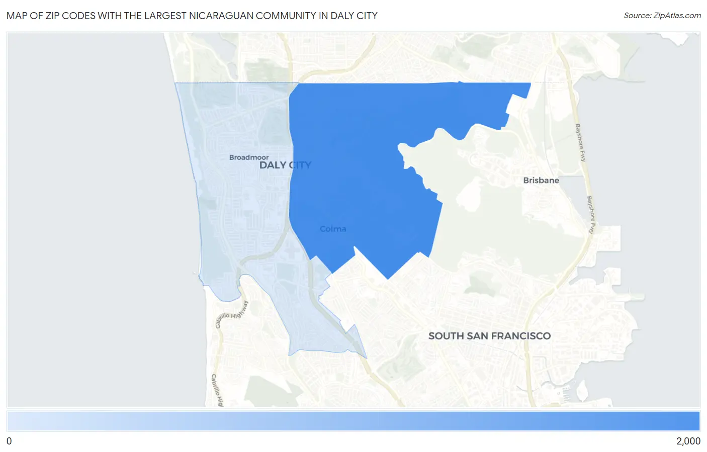 Zip Codes with the Largest Nicaraguan Community in Daly City Map