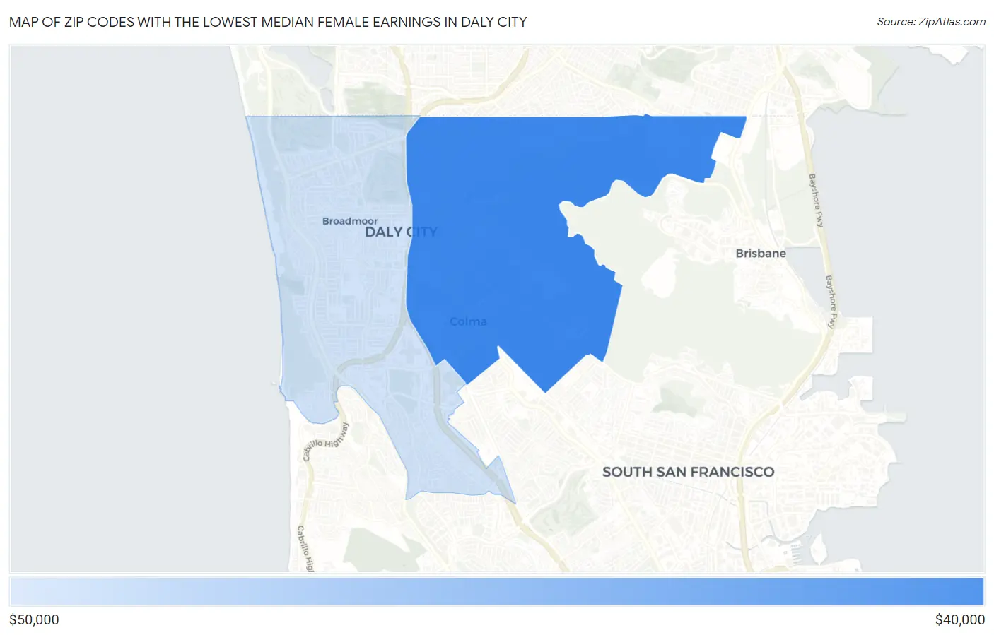 Zip Codes with the Lowest Median Female Earnings in Daly City Map