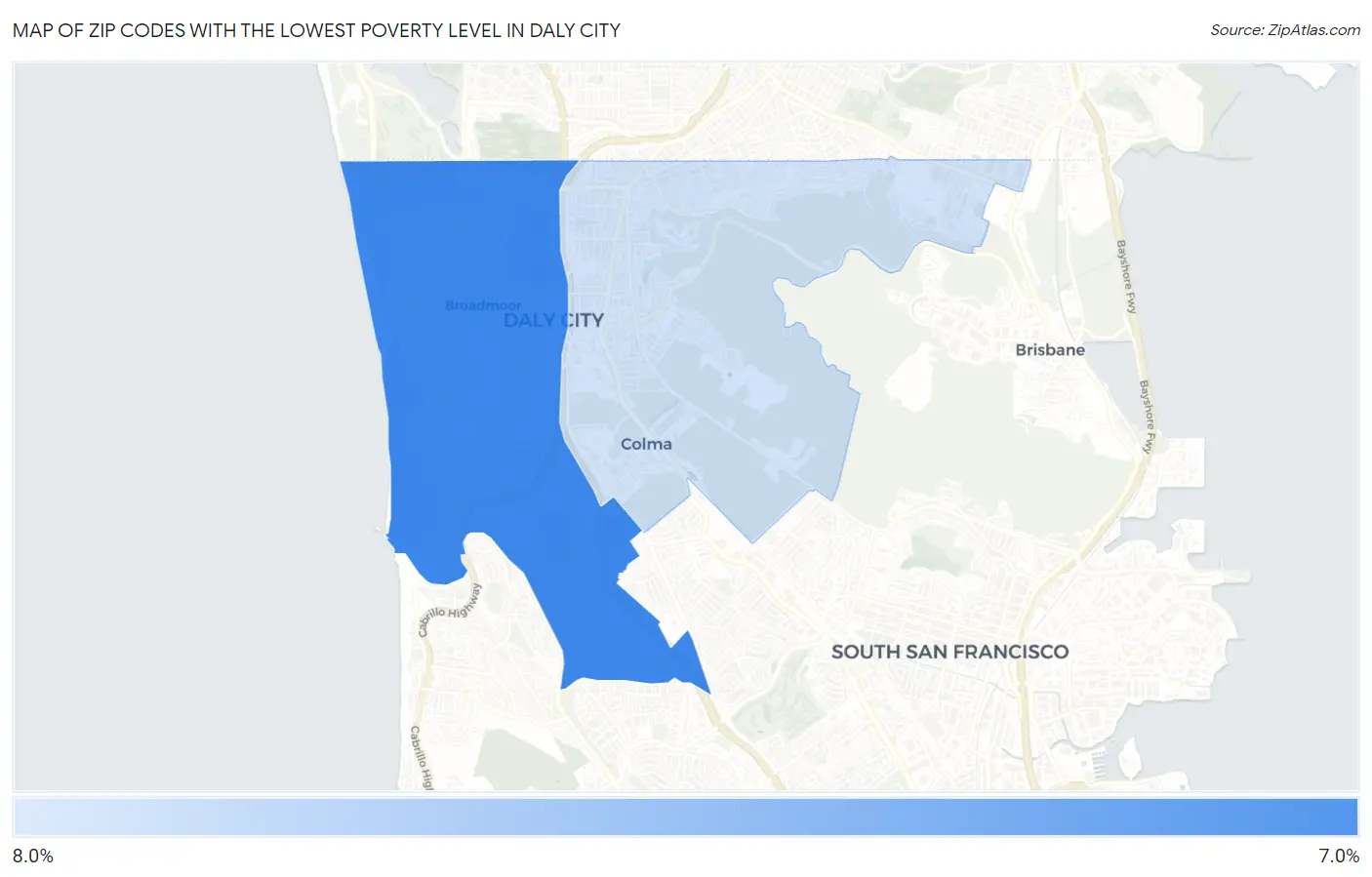 Zip Codes with the Lowest Poverty Level in Daly City Map