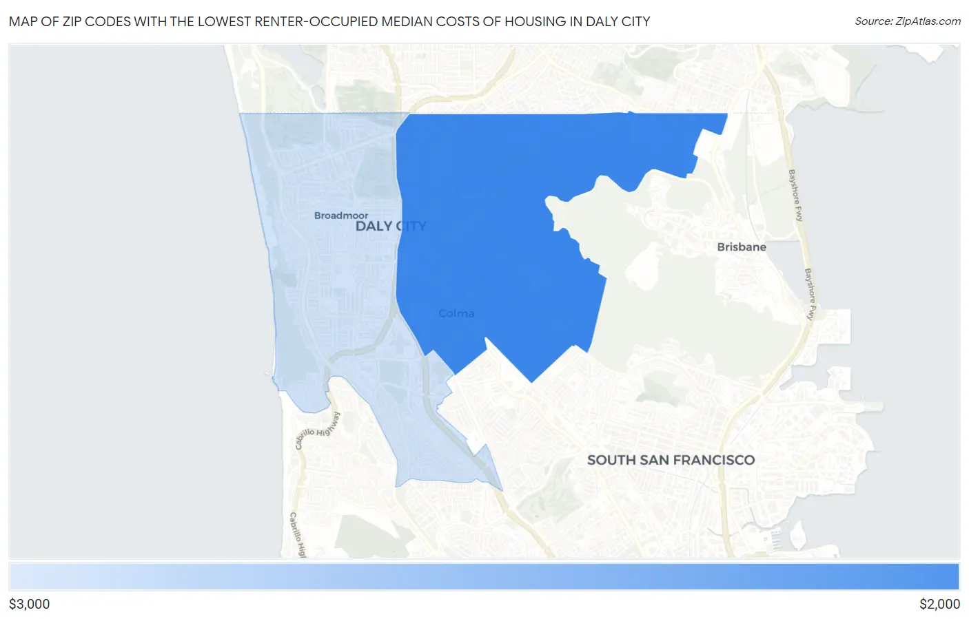 Zip Codes with the Lowest Renter-Occupied Median Costs of Housing in Daly City Map