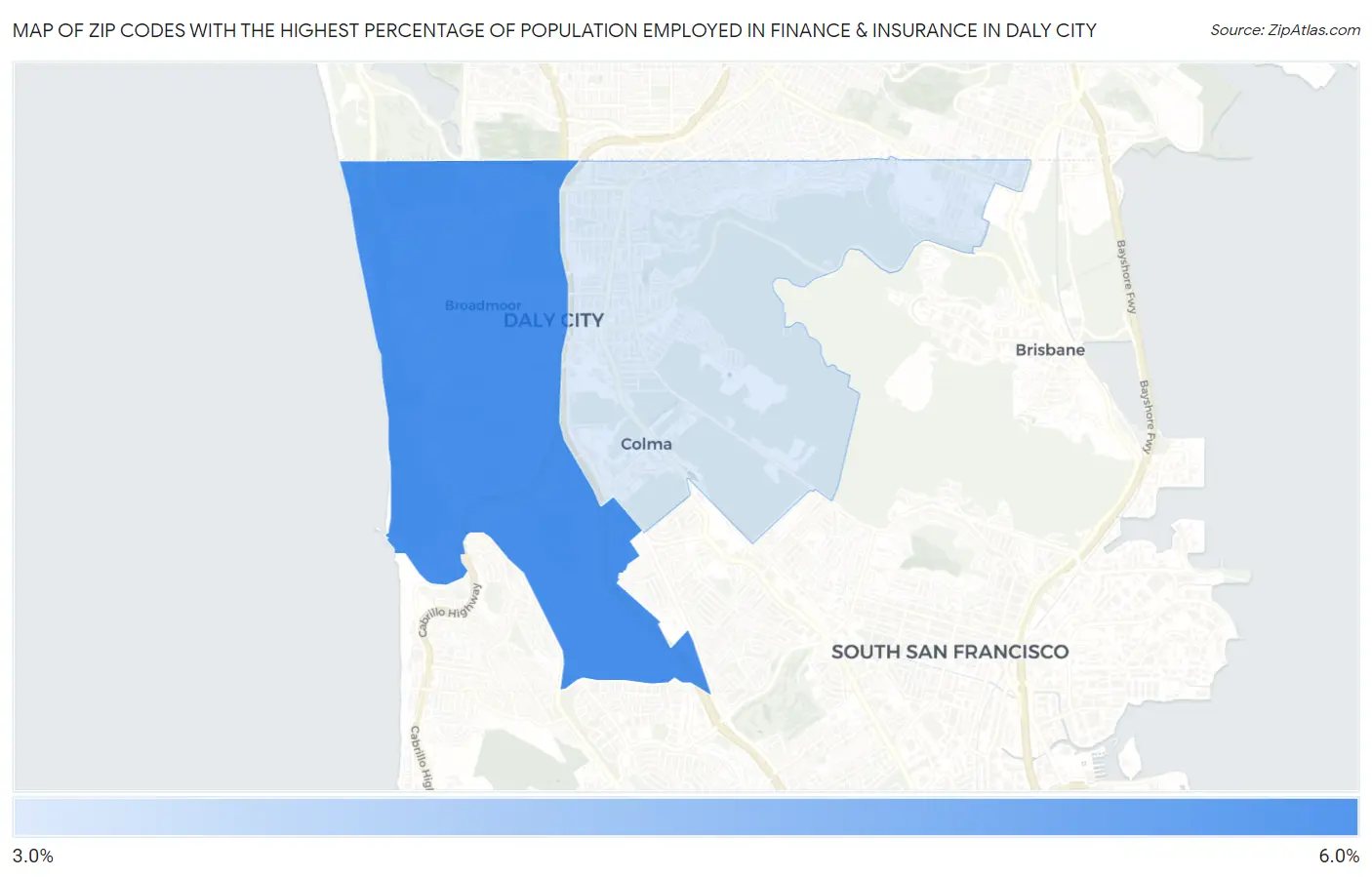 Zip Codes with the Highest Percentage of Population Employed in Finance & Insurance in Daly City Map
