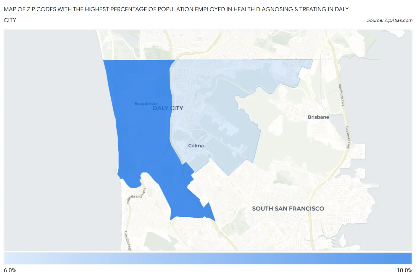 Zip Codes with the Highest Percentage of Population Employed in Health Diagnosing & Treating in Daly City Map