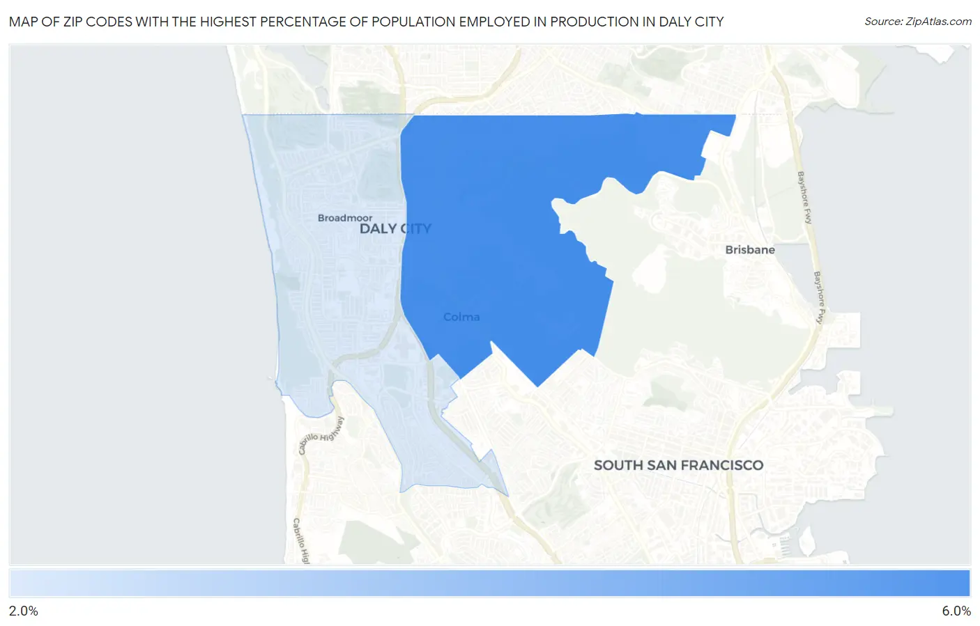 Zip Codes with the Highest Percentage of Population Employed in Production in Daly City Map
