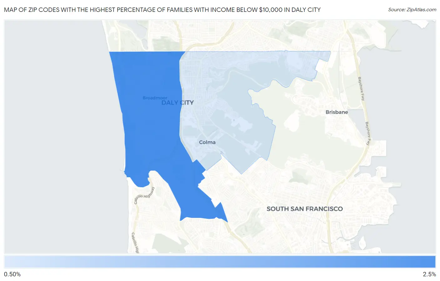 Zip Codes with the Highest Percentage of Families with Income Below $10,000 in Daly City Map