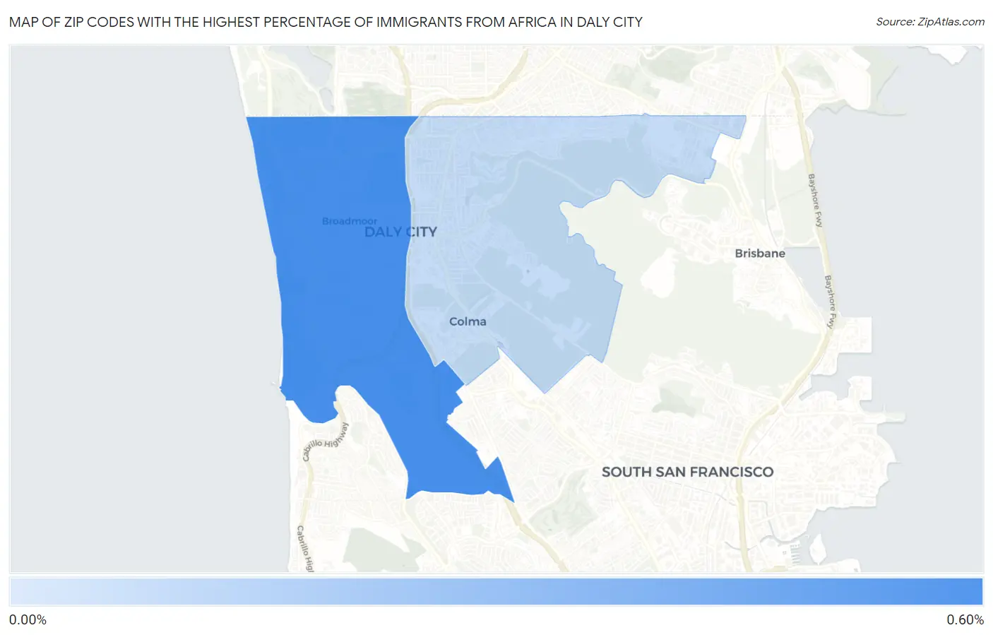 Zip Codes with the Highest Percentage of Immigrants from Africa in Daly City Map
