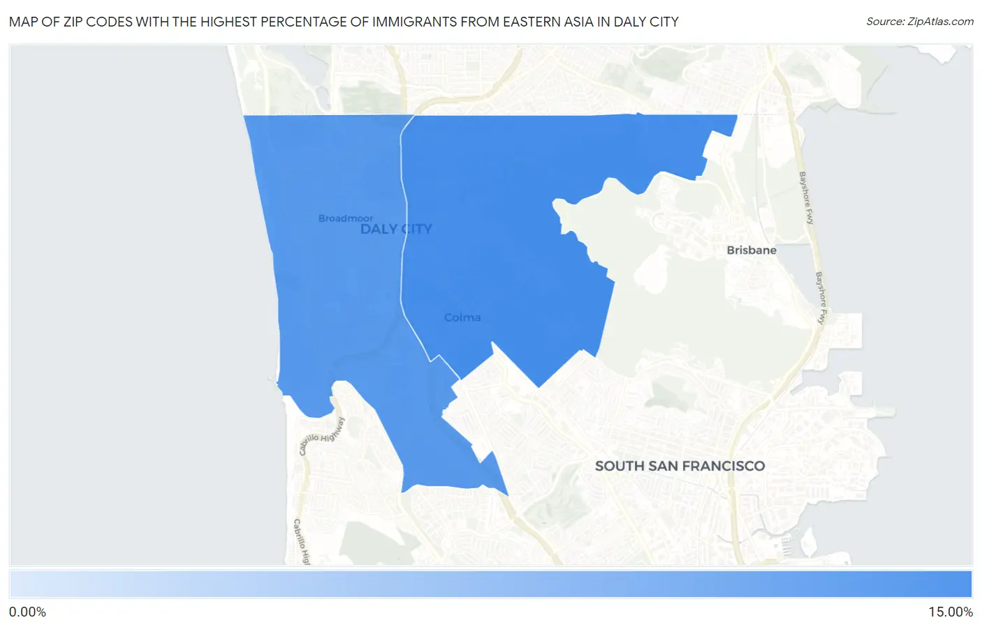 Zip Codes with the Highest Percentage of Immigrants from Eastern Asia in Daly City Map