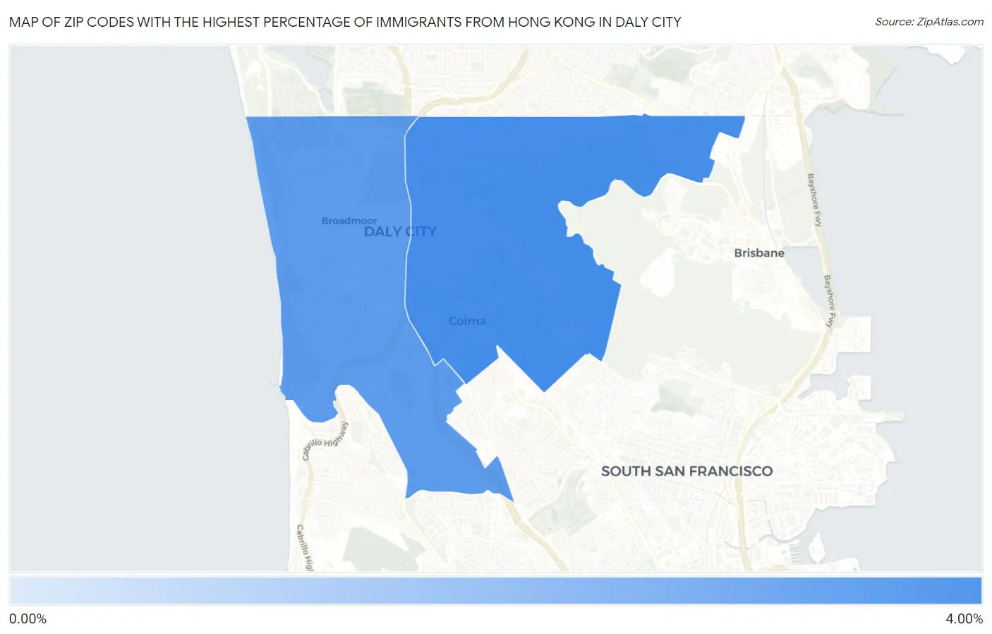 Zip Codes with the Highest Percentage of Immigrants from Hong Kong in Daly City Map