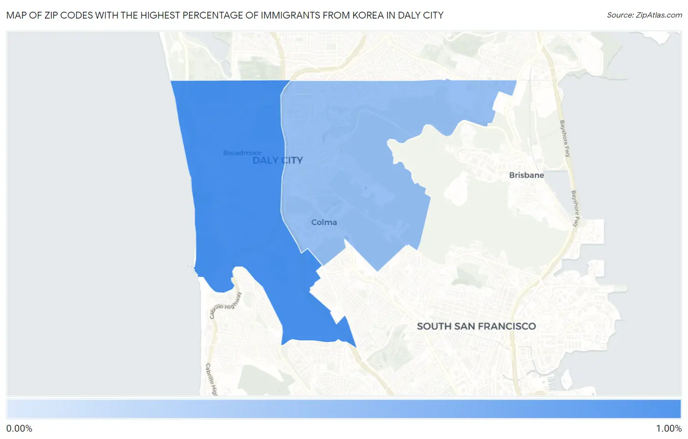Zip Codes with the Highest Percentage of Immigrants from Korea in Daly City Map