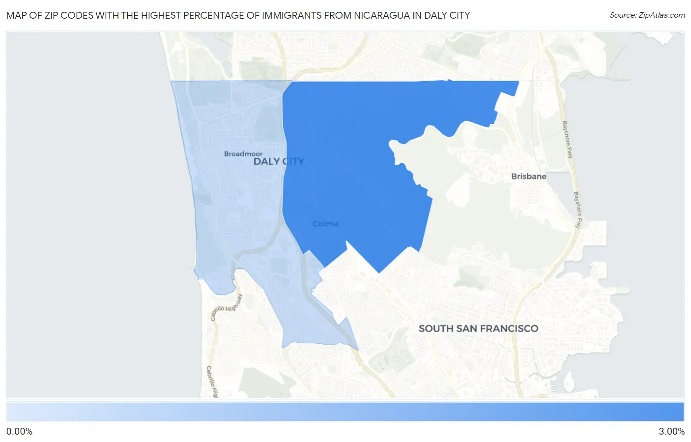 Zip Codes with the Highest Percentage of Immigrants from Nicaragua in Daly City Map