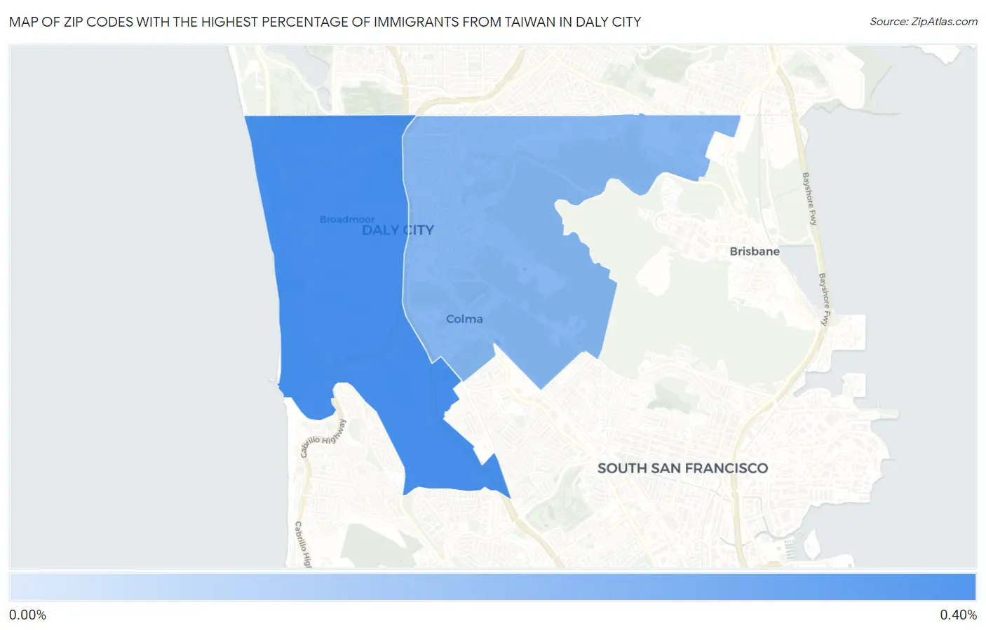Zip Codes with the Highest Percentage of Immigrants from Taiwan in Daly City Map