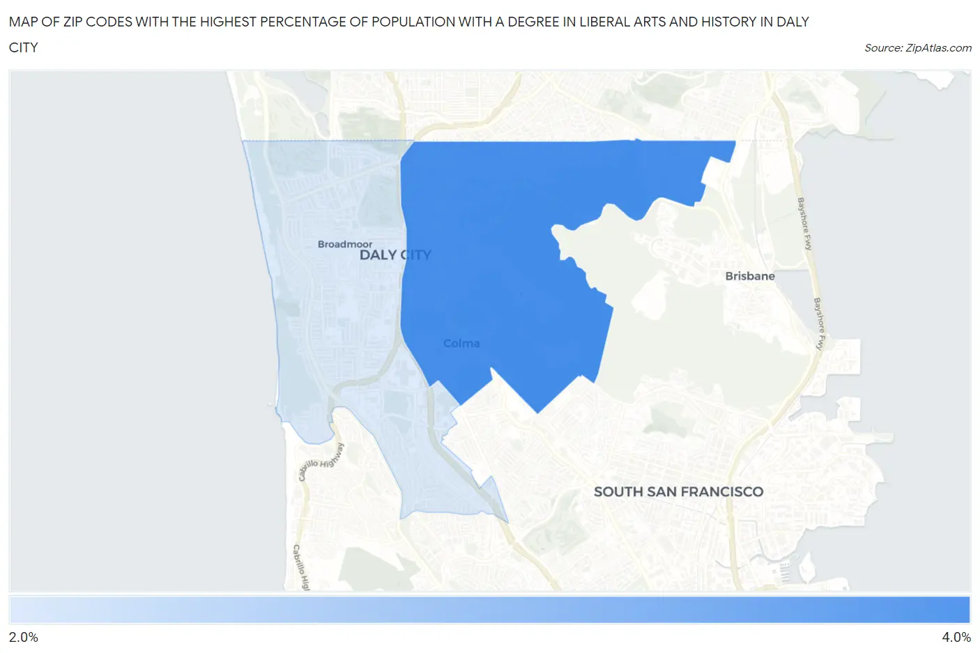 Zip Codes with the Highest Percentage of Population with a Degree in Liberal Arts and History in Daly City Map
