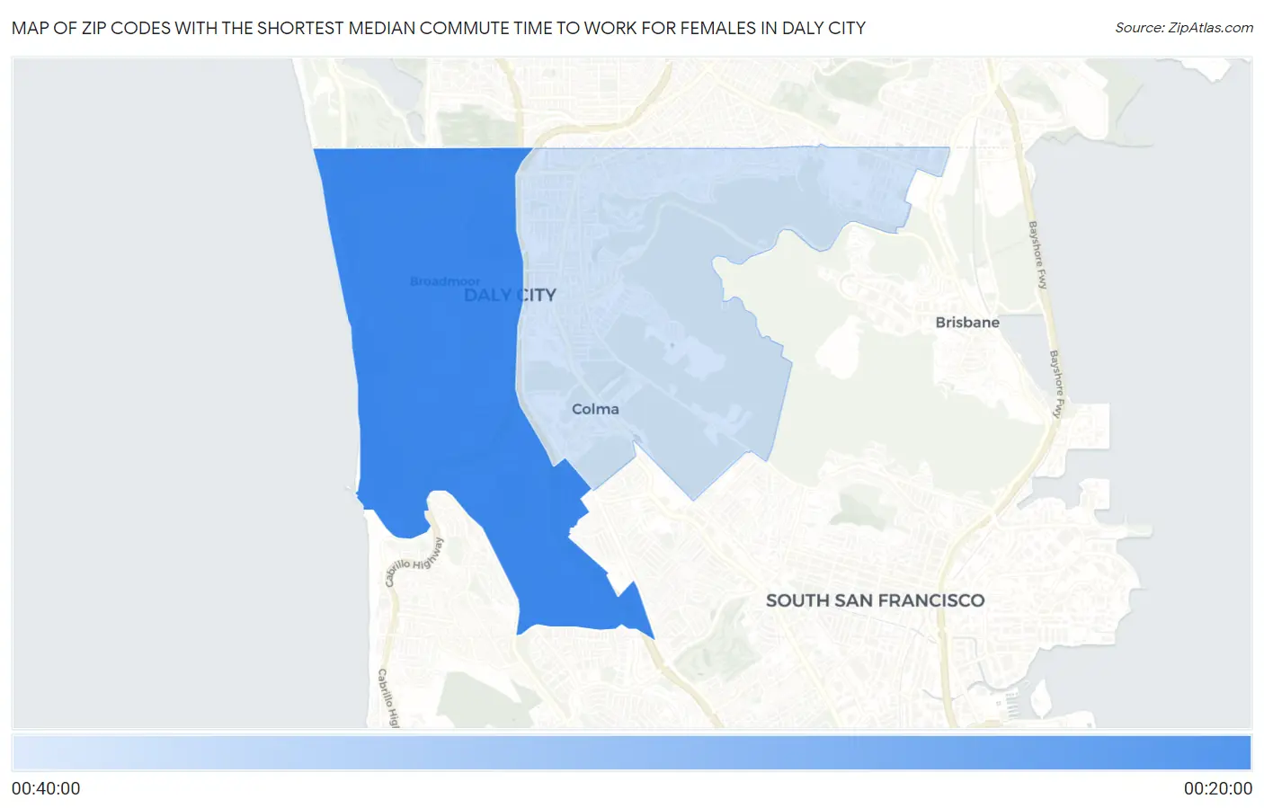 Zip Codes with the Shortest Median Commute Time to Work for Females in Daly City Map