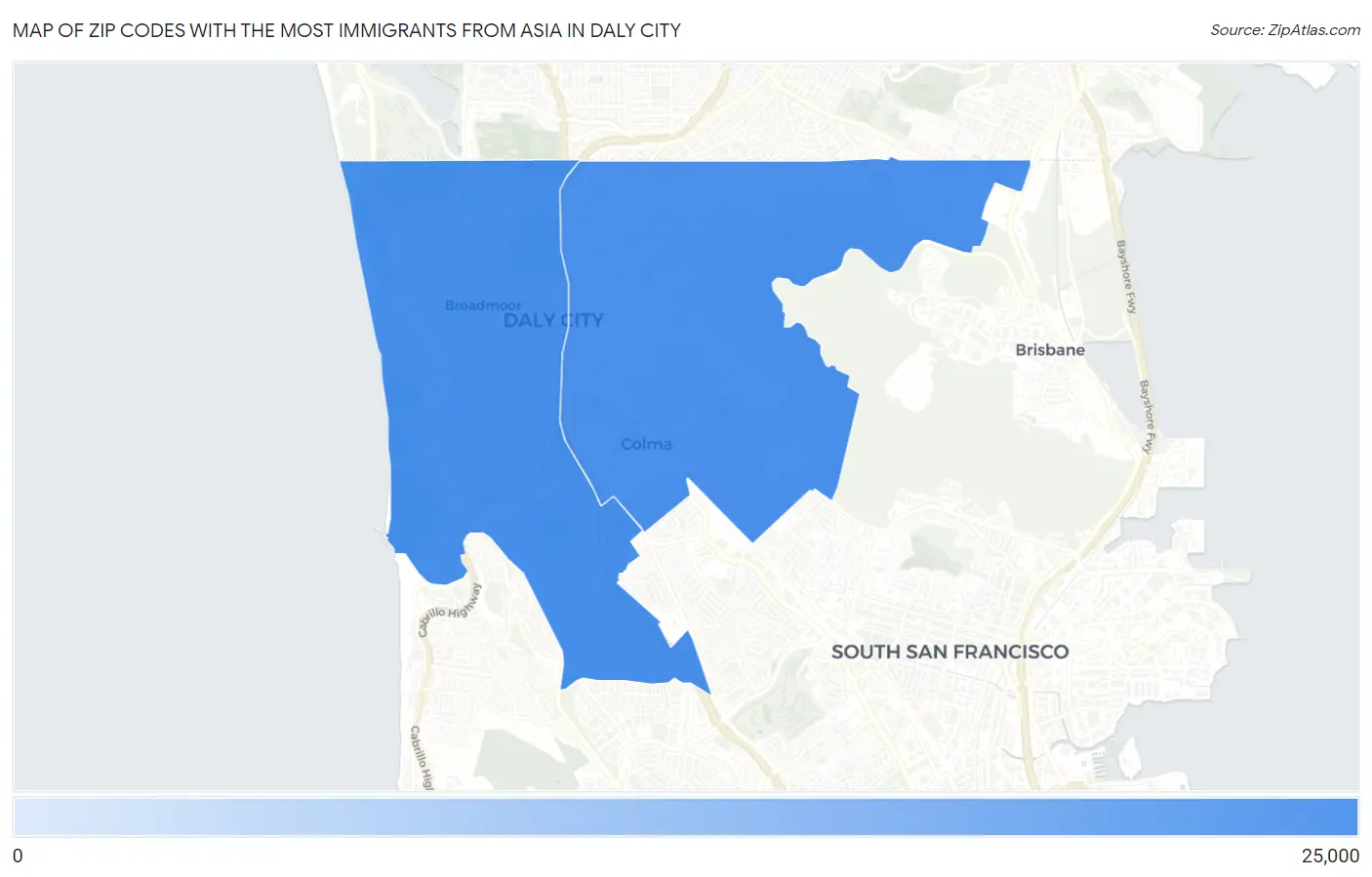 Zip Codes with the Most Immigrants from Asia in Daly City Map