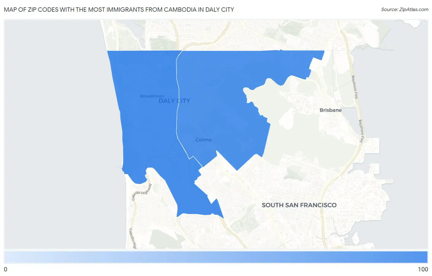 Zip Codes with the Most Immigrants from Cambodia in Daly City Map