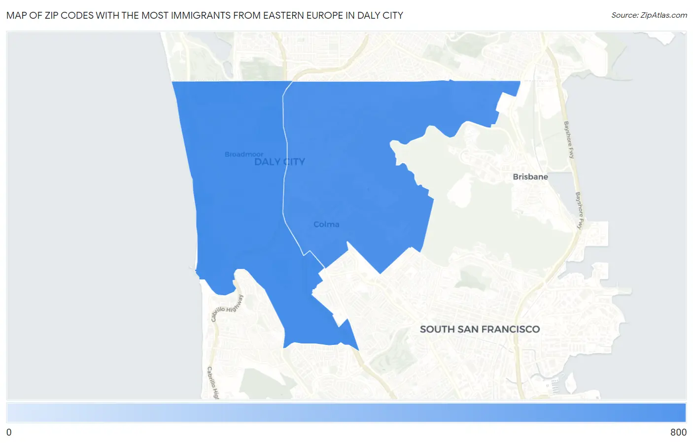 Zip Codes with the Most Immigrants from Eastern Europe in Daly City Map