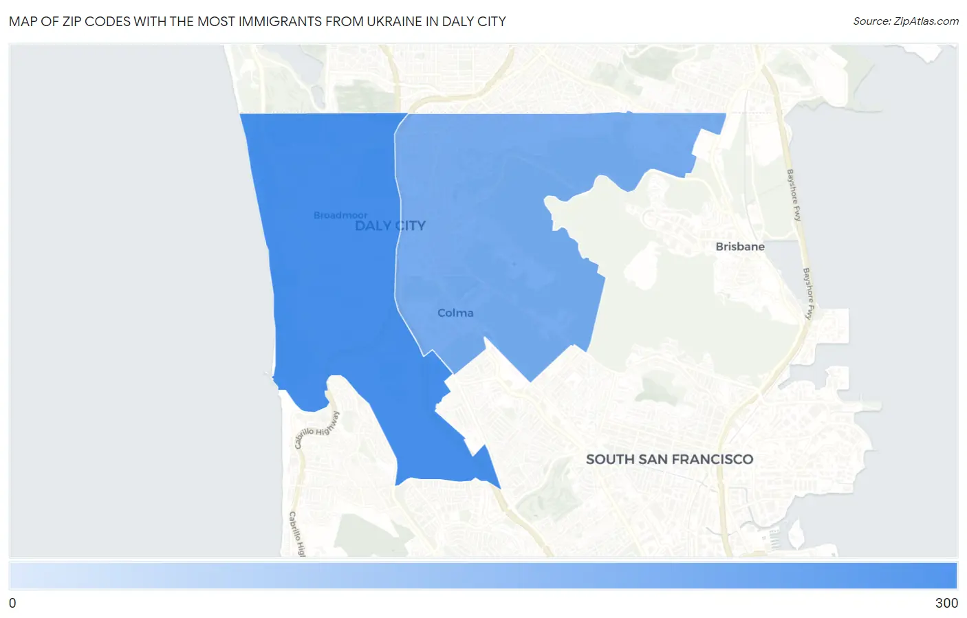 Zip Codes with the Most Immigrants from Ukraine in Daly City Map