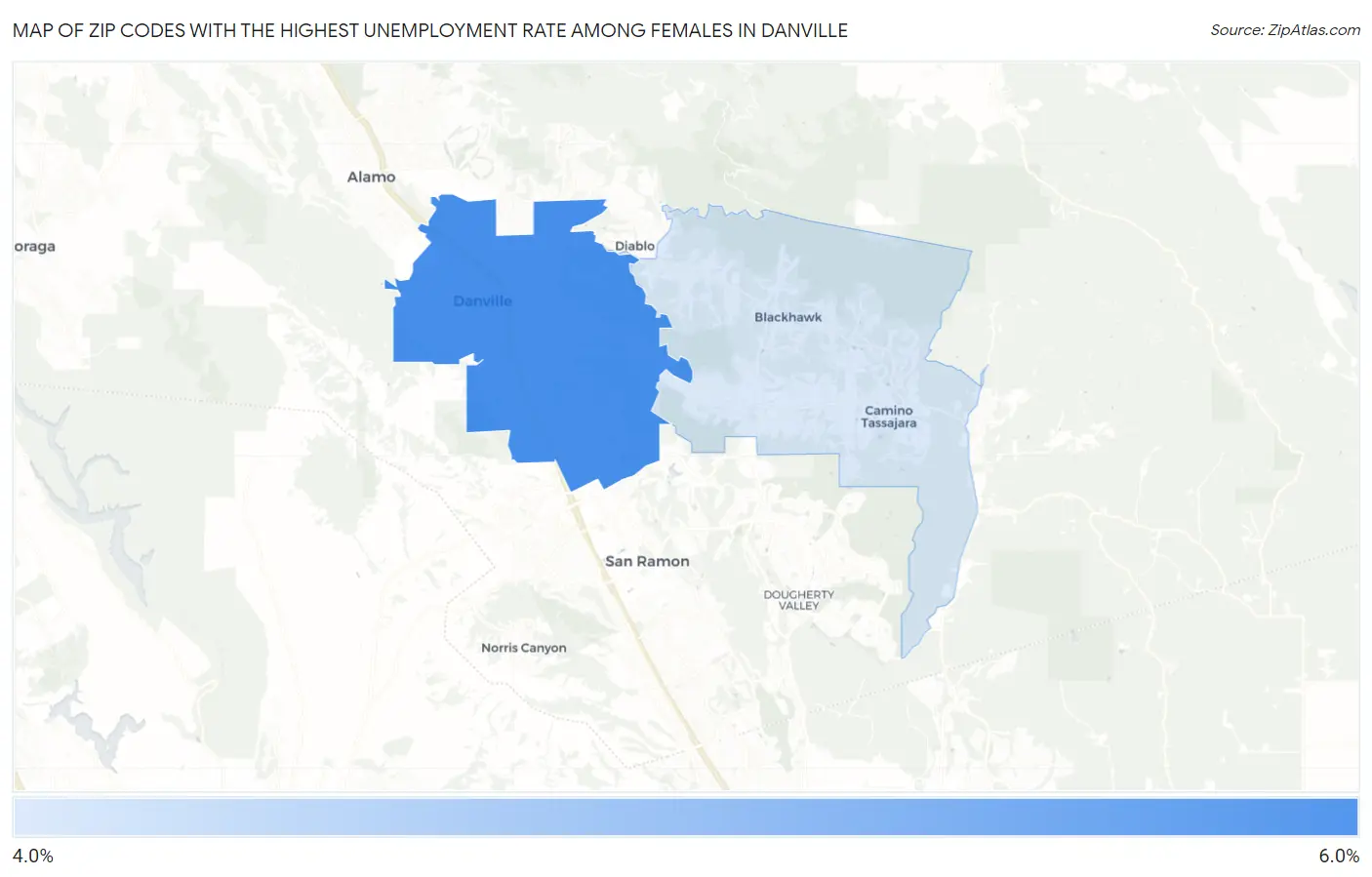Zip Codes with the Highest Unemployment Rate Among Females in Danville Map
