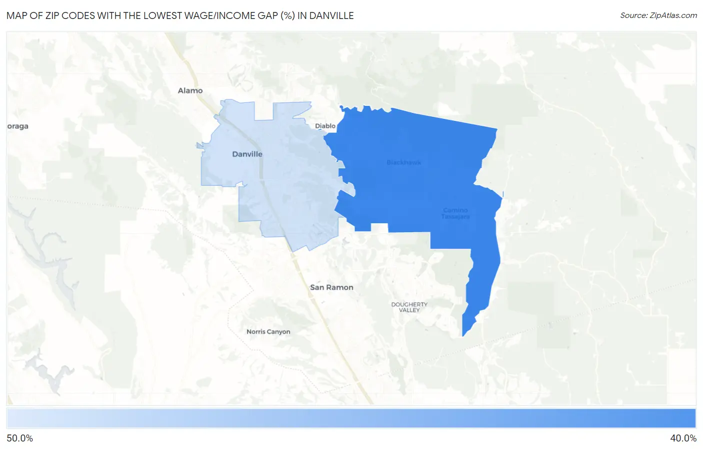 Zip Codes with the Lowest Wage/Income Gap (%) in Danville Map