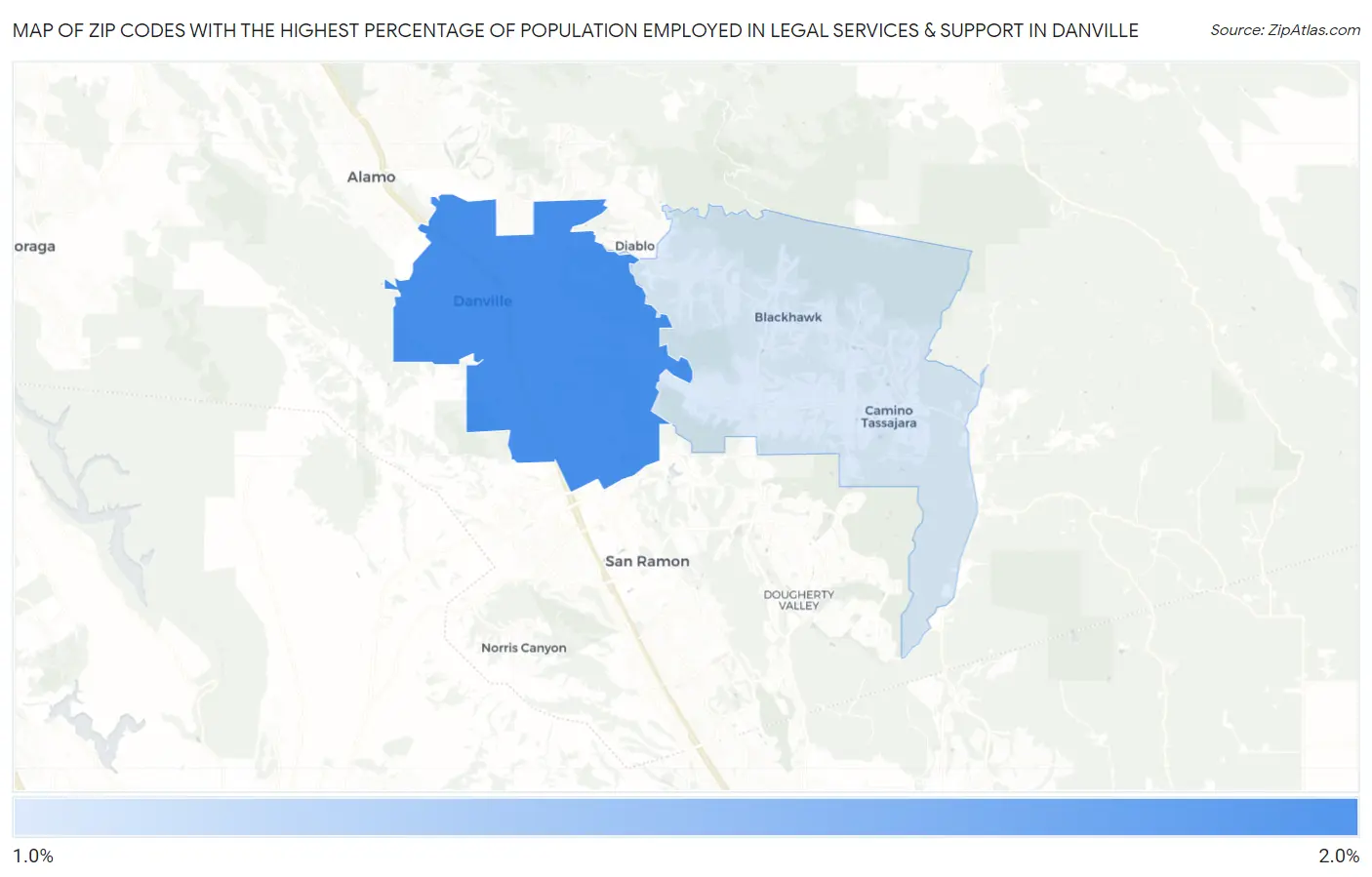 Zip Codes with the Highest Percentage of Population Employed in Legal Services & Support in Danville Map