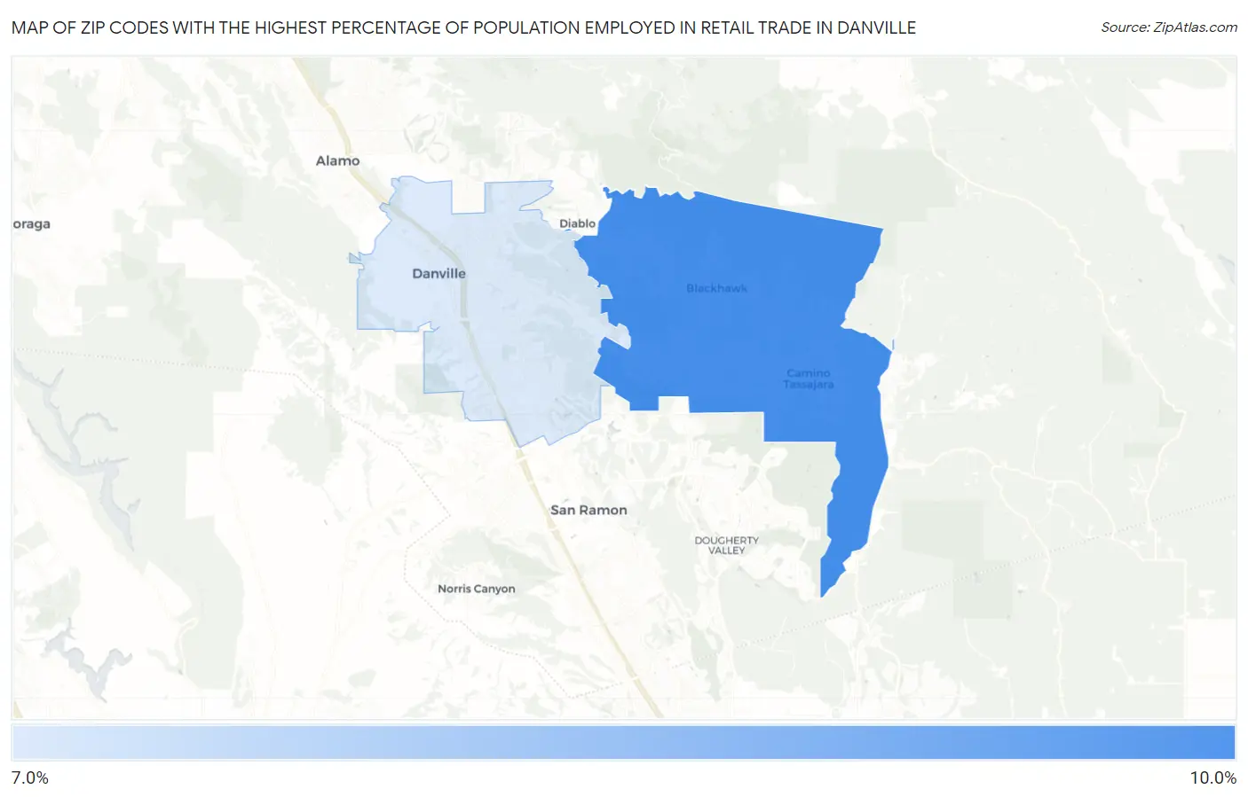 Zip Codes with the Highest Percentage of Population Employed in Retail Trade in Danville Map