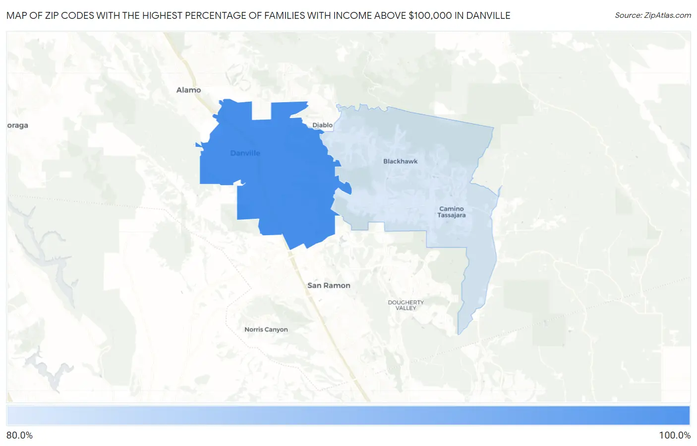Zip Codes with the Highest Percentage of Families with Income Above $100,000 in Danville Map