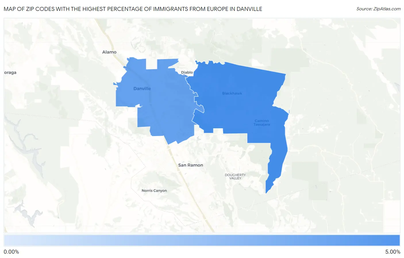 Zip Codes with the Highest Percentage of Immigrants from Europe in Danville Map