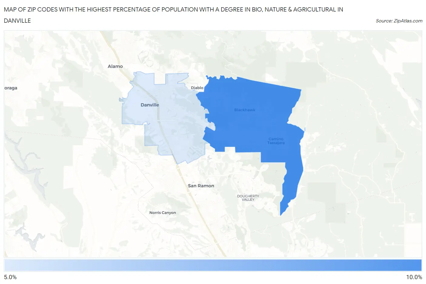 Zip Codes with the Highest Percentage of Population with a Degree in Bio, Nature & Agricultural in Danville Map