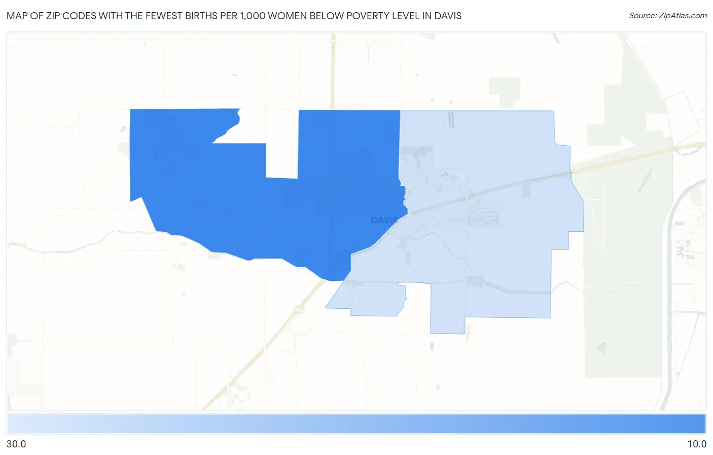 Zip Codes with the Fewest Births per 1,000 Women Below Poverty Level in Davis Map