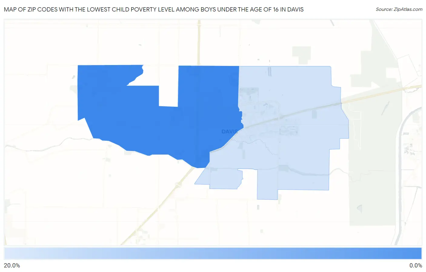 Zip Codes with the Lowest Child Poverty Level Among Boys Under the Age of 16 in Davis Map