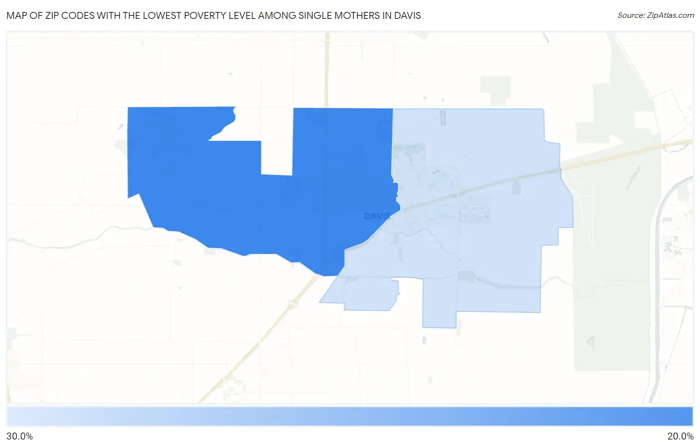 Zip Codes with the Lowest Poverty Level Among Single Mothers in Davis Map