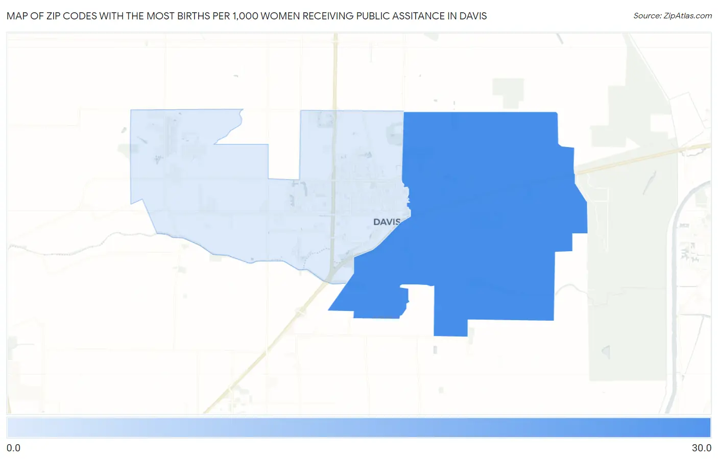 Zip Codes with the Most Births per 1,000 Women Receiving Public Assitance in Davis Map