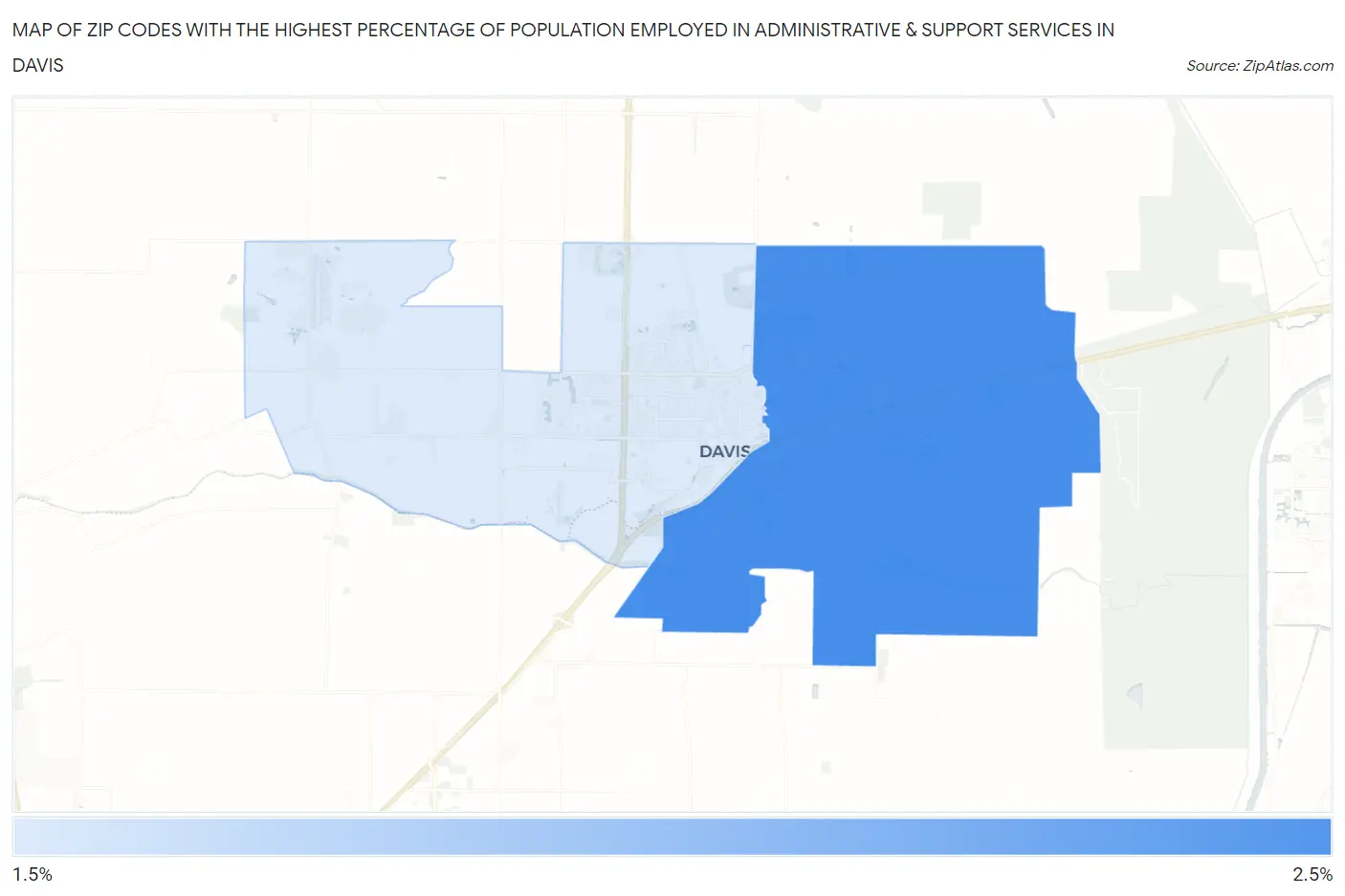 Zip Codes with the Highest Percentage of Population Employed in Administrative & Support Services in Davis Map