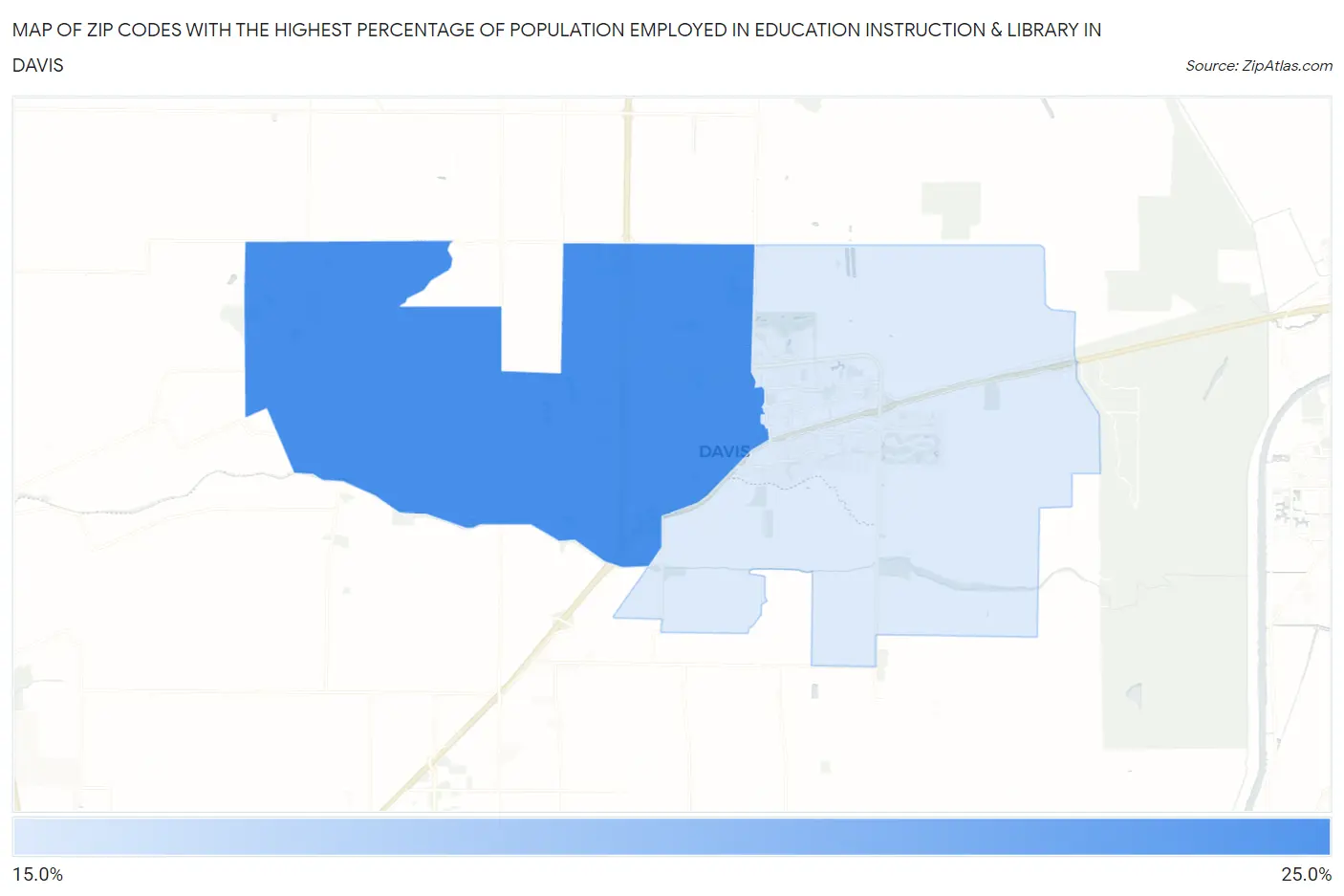 Zip Codes with the Highest Percentage of Population Employed in Education Instruction & Library in Davis Map