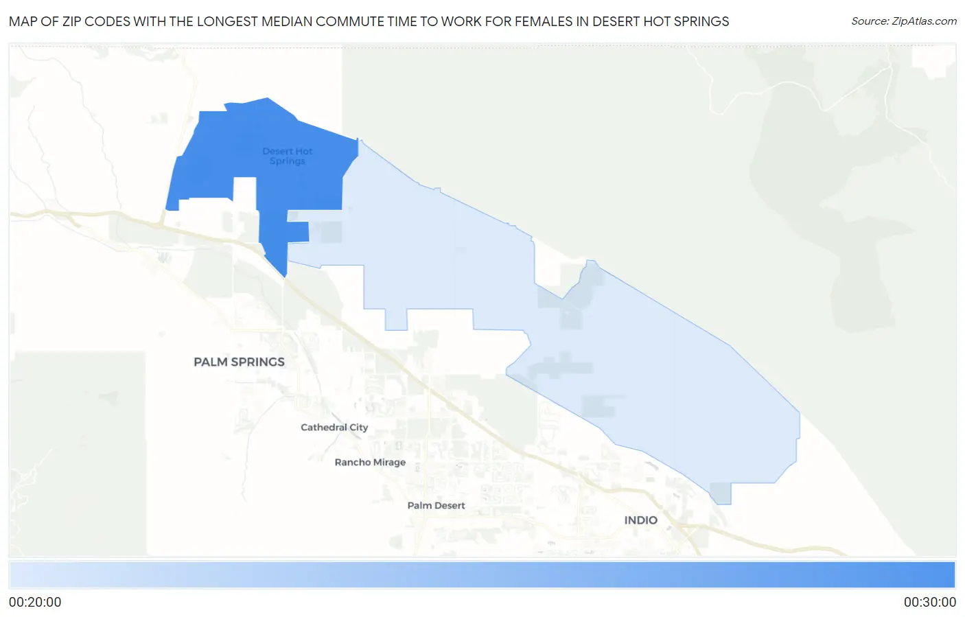 Zip Codes with the Longest Median Commute Time to Work for Females in Desert Hot Springs Map
