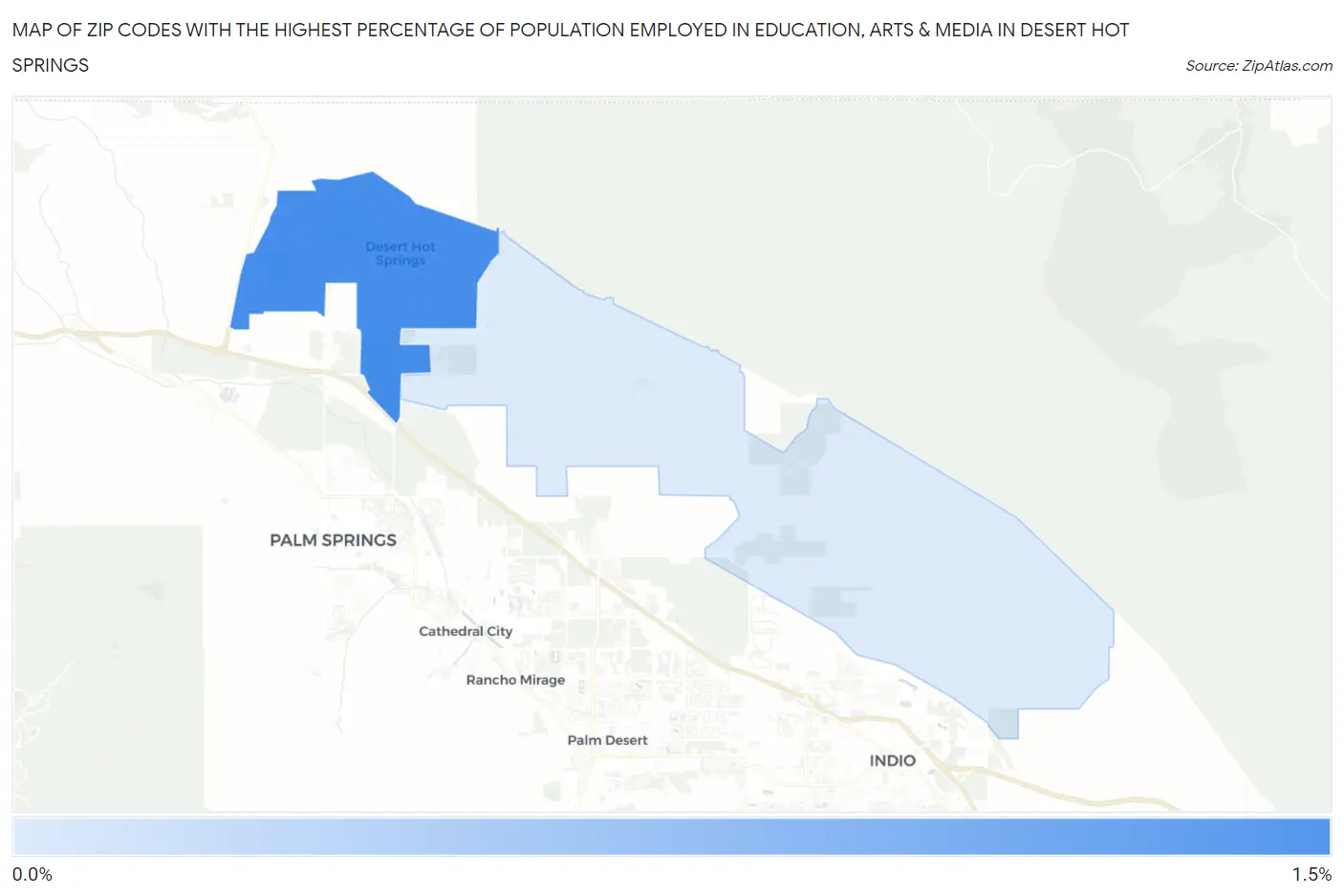 Zip Codes with the Highest Percentage of Population Employed in Education, Arts & Media in Desert Hot Springs Map