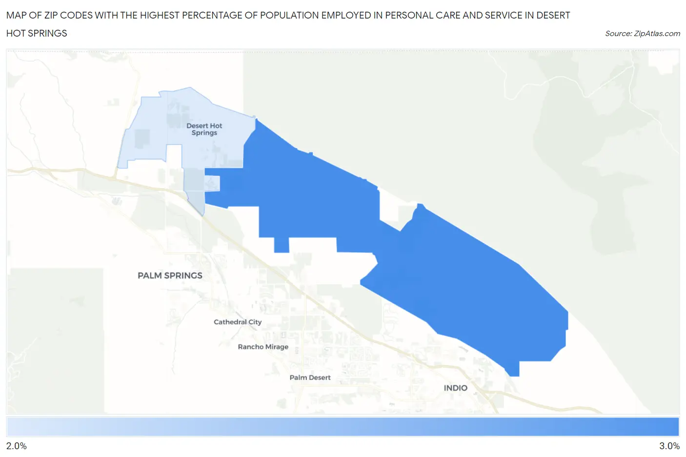 Zip Codes with the Highest Percentage of Population Employed in Personal Care and Service in Desert Hot Springs Map