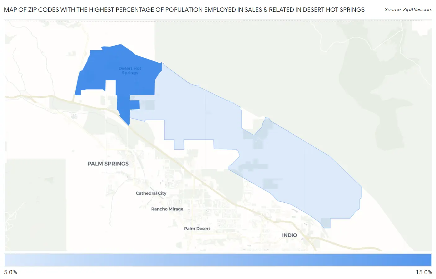 Zip Codes with the Highest Percentage of Population Employed in Sales & Related in Desert Hot Springs Map