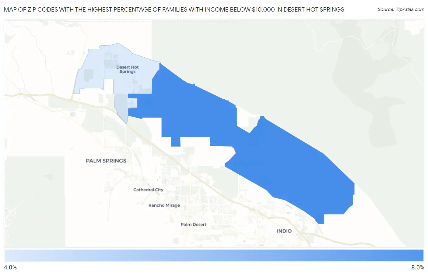 Zip Codes with the Highest Percentage of Families with Income Below $10,000 in Desert Hot Springs Map