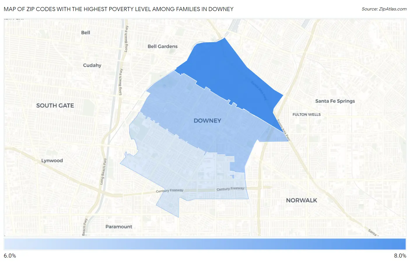 Zip Codes with the Highest Poverty Level Among Families in Downey Map