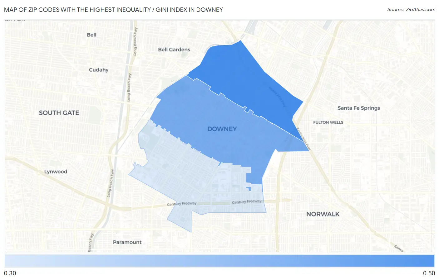 Zip Codes with the Highest Inequality / Gini Index in Downey Map
