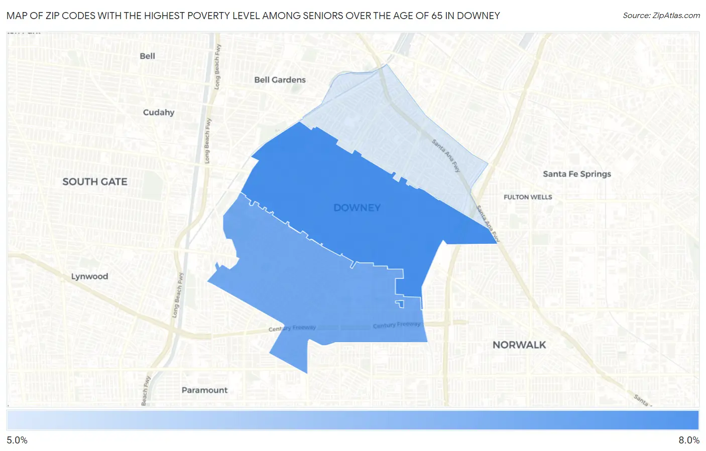 Zip Codes with the Highest Poverty Level Among Seniors Over the Age of 65 in Downey Map