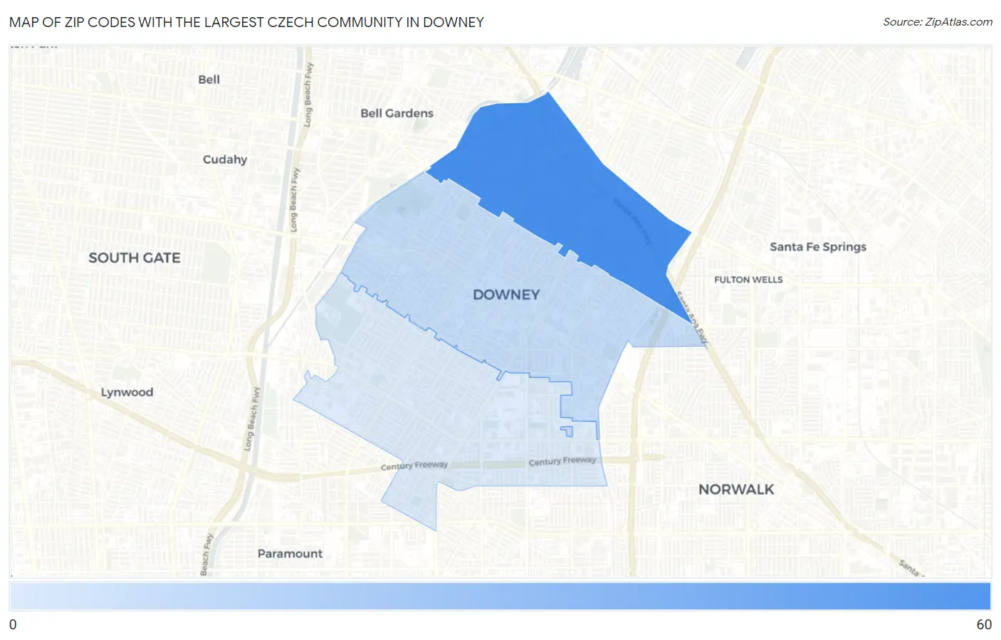 Zip Codes with the Largest Czech Community in Downey Map