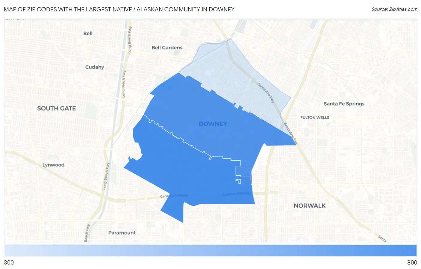 Zip Codes with the Largest Native / Alaskan Community in Downey Map
