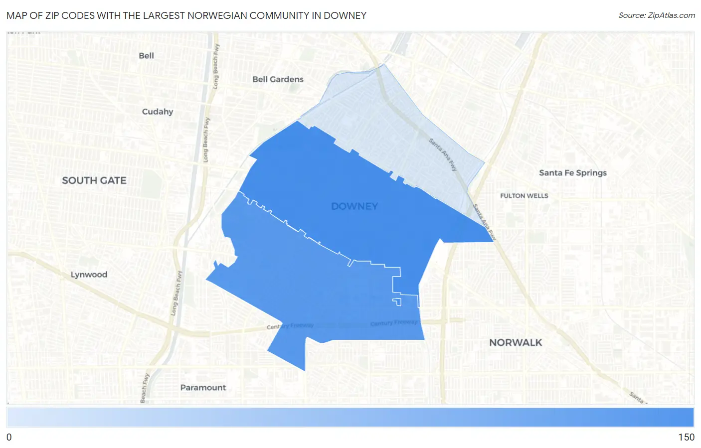Zip Codes with the Largest Norwegian Community in Downey Map